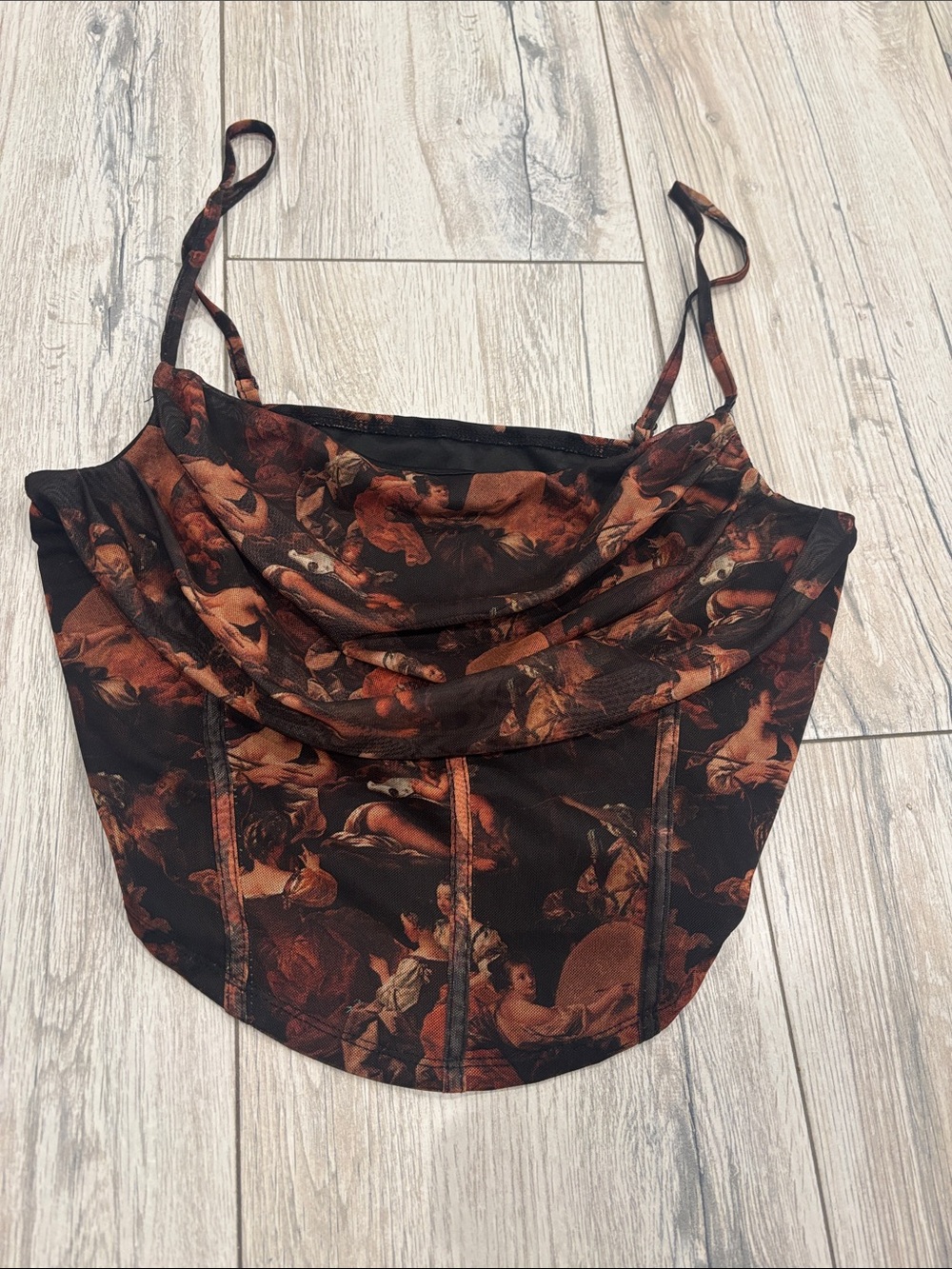 Satin Cowl Neck Art-Print Camisole in Black & Rust